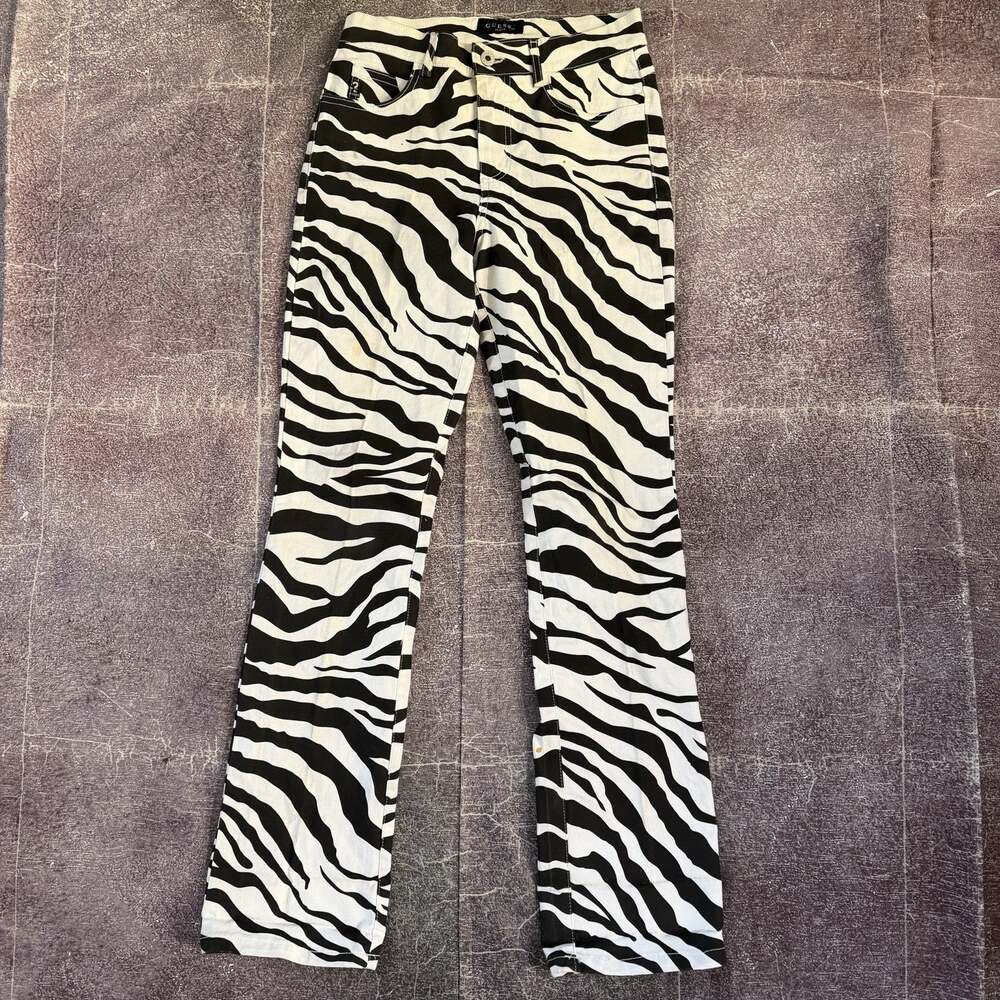 Women's Vintage 90's Guess Jeans USA Zebra All Over Print Stretch Pants Sz 28 32